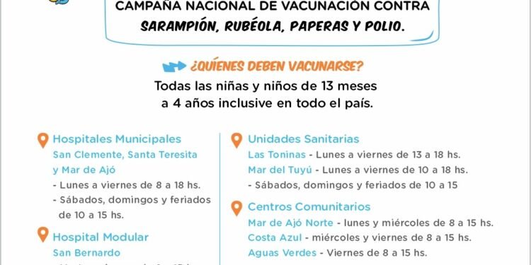 LA COSTA: Campaña Nacional de Vacunación contra Sarampión, Rubéola, Paperas y Polio para niños y niñas de 13 meses a 4 años
