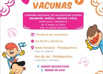 SANTA TERESITA Y MAR DE AJO: El viernes se realizará «Tarde de Vacunas» para impulsar la campaña contra el sarampión, la rubéola, las paperas y la polio