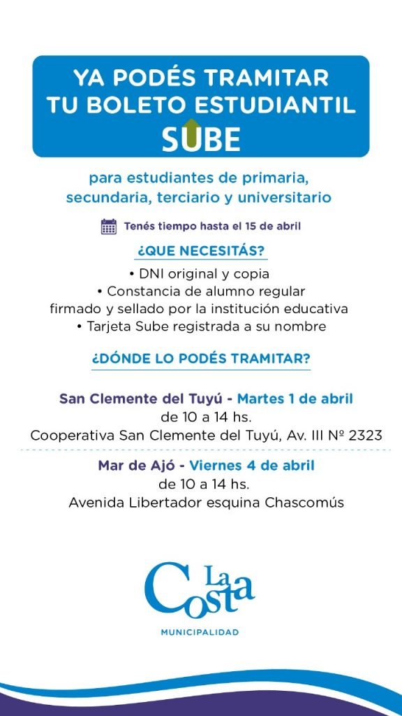 Boleto estudiantil: Se podrá realizar el trámite en San Clemente del Tuyú y Mar de Ajó