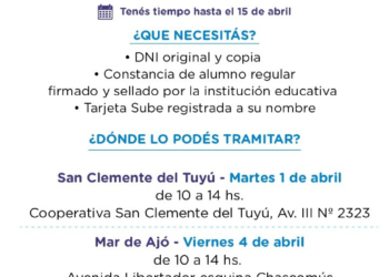 Boleto estudiantil: Se podrá realizar el trámite en San Clemente del Tuyú y Mar de Ajó